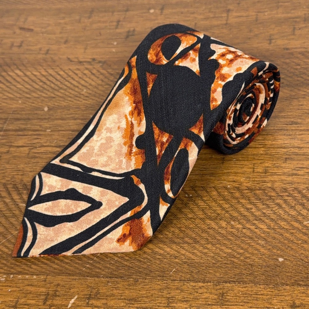 VTG Kanaka Tie Mens Black Tan Tribal Tapa Print Rayon Hawaii Made Aloha Necktie